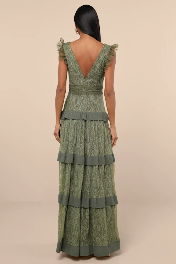 Marvelous Darling Olive Lace Ruffled Tiered Maxi Dress